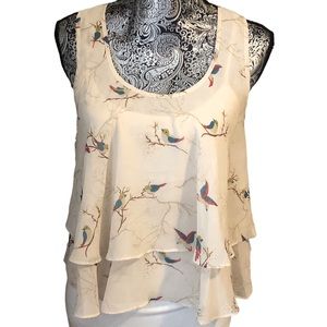 Forever 21‎ Top Women's Medium Sleeveless Birds on Branches Print Cream Layered